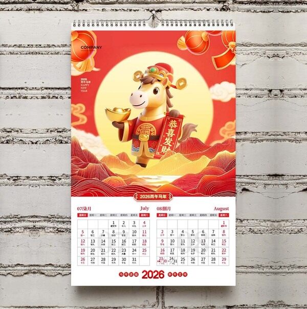 恭喜发财马年财神爷祥云送祝福七月八月喜庆挂历