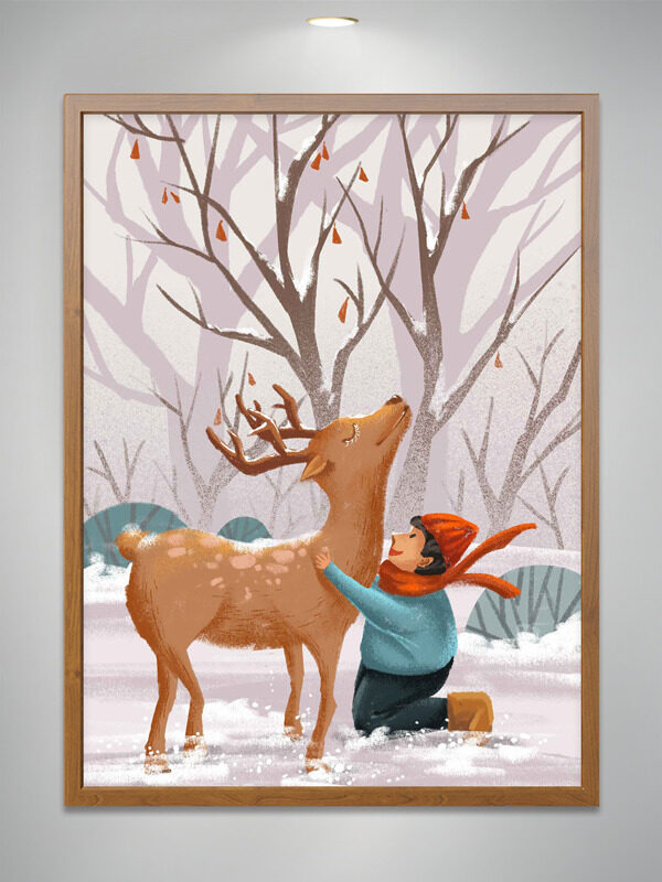 冬日雪地扁平卡通人物麋鹿创意插画