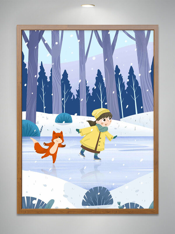 简约扁平卡通女生小狐狸冰面滑冰插画