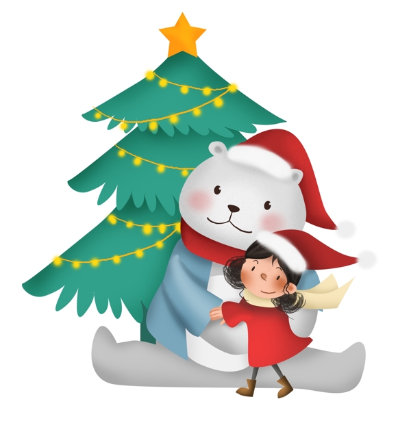 圣诞节带圣诞帽的熊和女孩