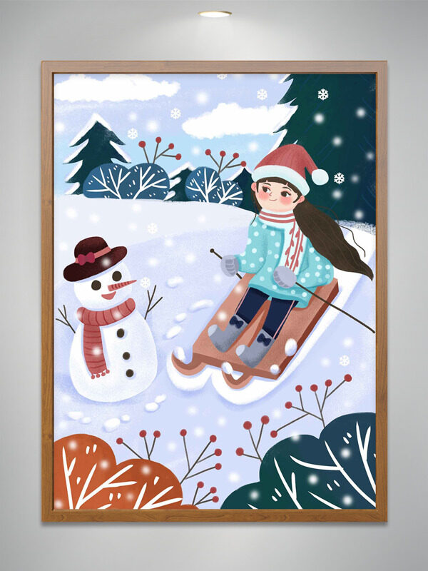 浪漫冬季卡通手绘女生户外滑雪插画