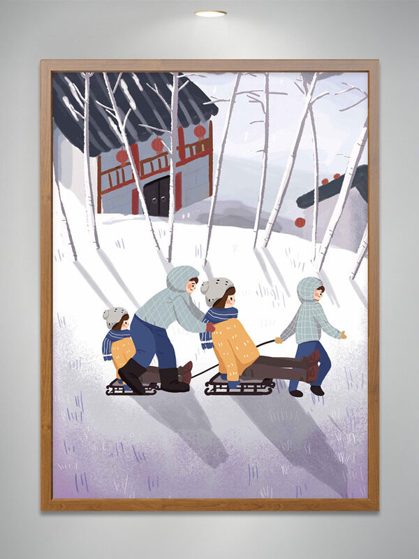 扁平卡通儿童浪漫雪地滑雪橇插画