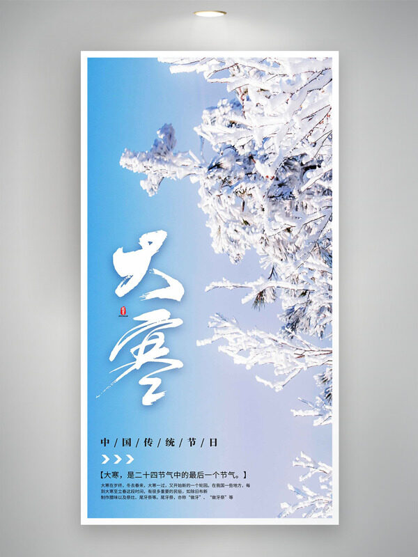 清新渐变大寒传统节气雪满枝头创意海报