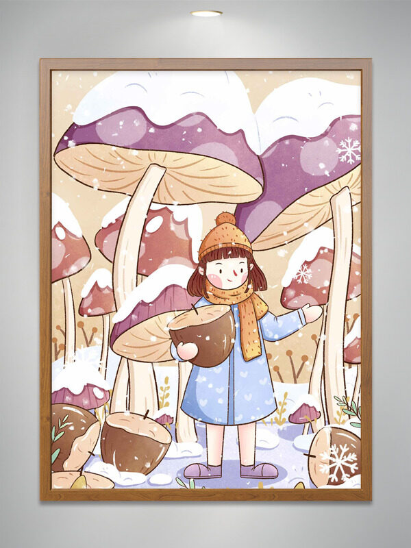 创意手绘雪地卡通女生彩色蘑菇插画