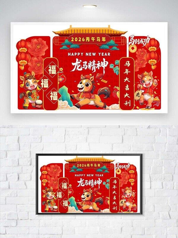 龙马精神2026大吉大利新春红色中式背景打卡墙