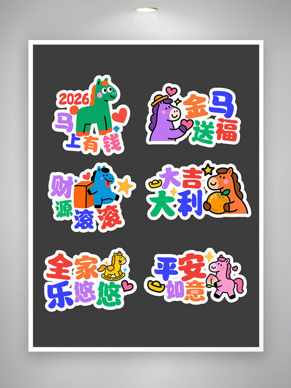 2026可爱卡通马年新年贴纸手举牌