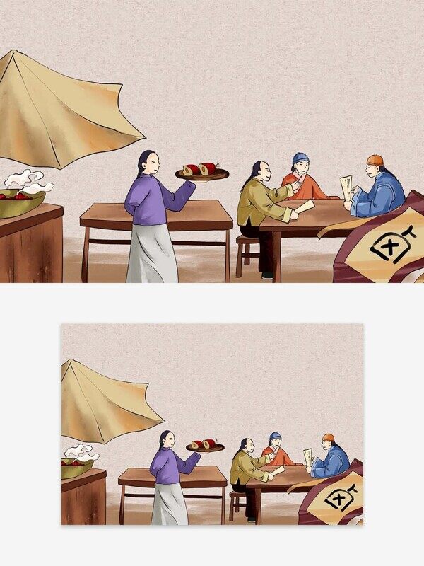 黄图古风手绘卤肉店户外摆摊木桌聚餐插画