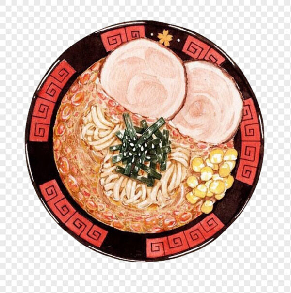 手绘高端黑色碗大块叉烧海苔玉米海鲜拉面美食元素