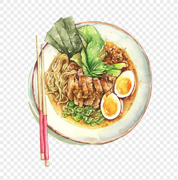 手绘猪排海苔青菜溏心蛋日式拉面碗筷美食元素
