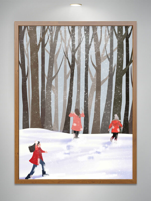 暖冬温馨雪地卡通人物打雪仗插画