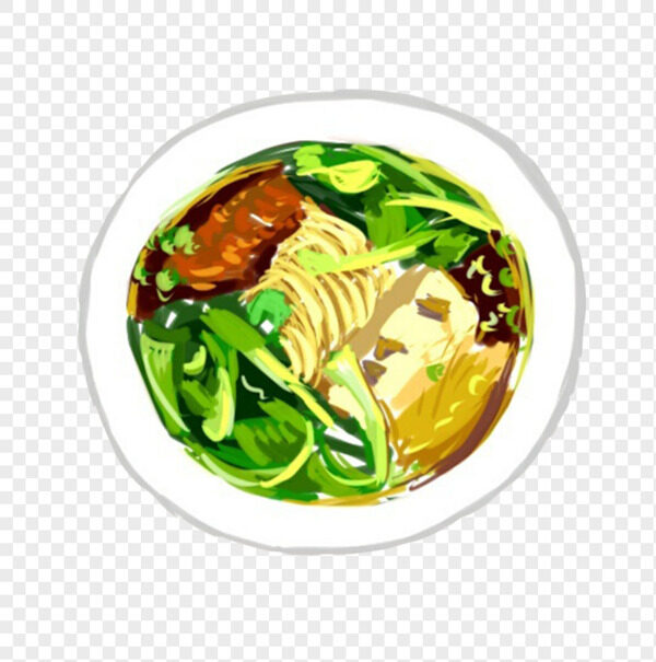 手绘绿青菜猪排鸡汤拉面日式料理免抠美食元素