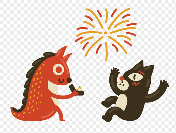 手绘抽象红色小恐龙求婚吓坏黑色小猫咪一起看烟花插画