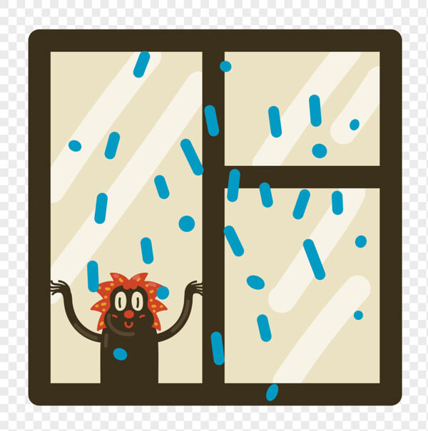 卡通黑色小动物趴在窗户上看雨插画