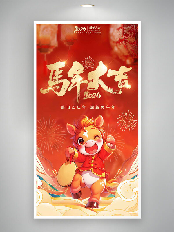 国潮风手绘卡通小马2026马年大吉海报