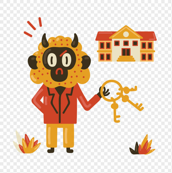 手绘黑脸山羊拿着钥匙要去房子收租场景插画