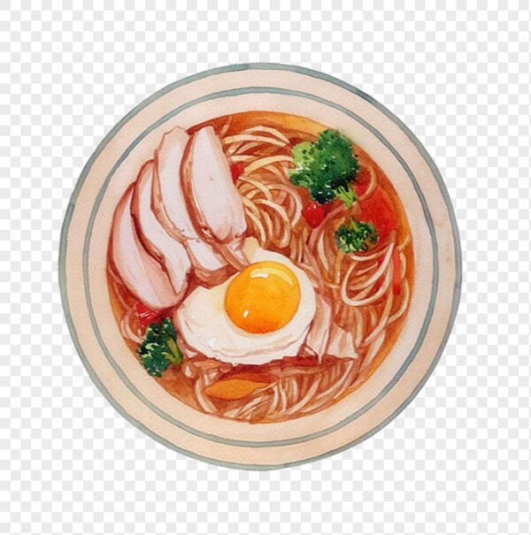 手绘猪肉片荷包蛋西蓝花红汤拉面免抠俯视图