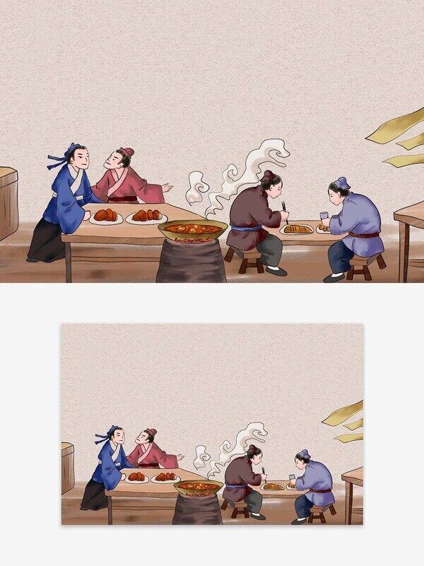 手绘古代男人把酒言欢木桌木凳一锅红烧肉美食人物插画