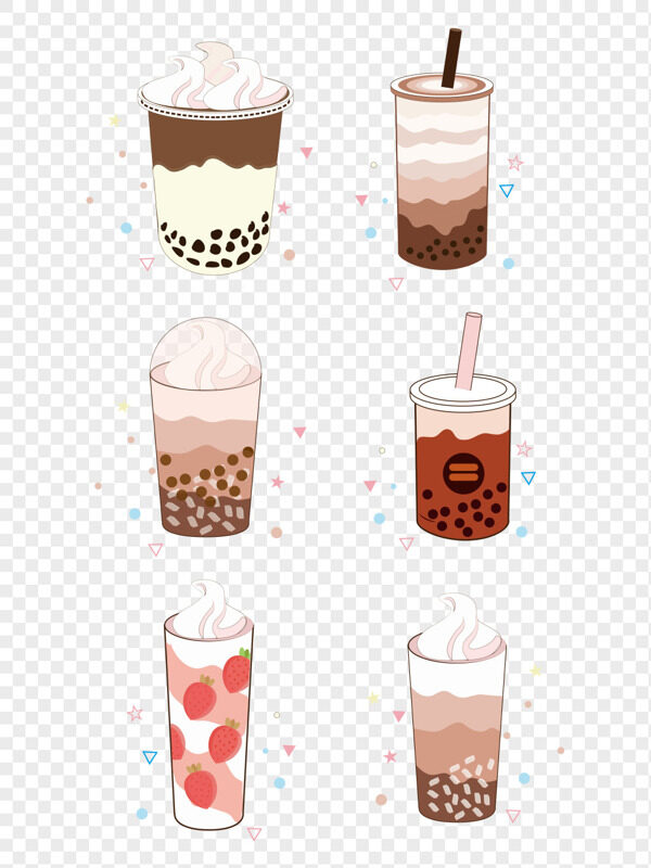 手绘珍珠蛋糕奶茶草莓下午茶饮品免抠元素