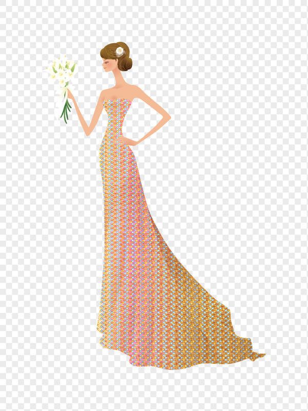 穿着婚纱拿着花束的美女新娘矢量图插画素材
