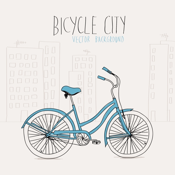 手绘自行车城市背景矢量素材