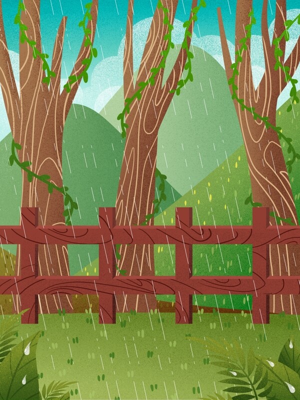 雨季清新森林树林春季插画背景
