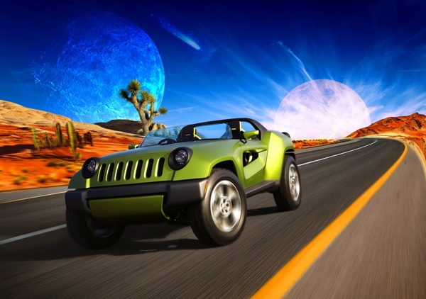 原创未来星际科幻概念jeep汽车场景合成
