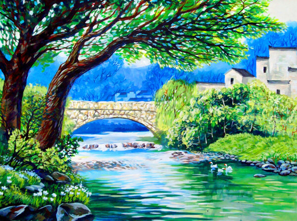 小桥流水风景油画图片