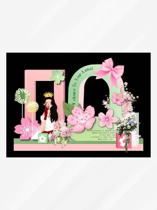 桃花春季妇女女神节鲜花美陈拍照打卡展板