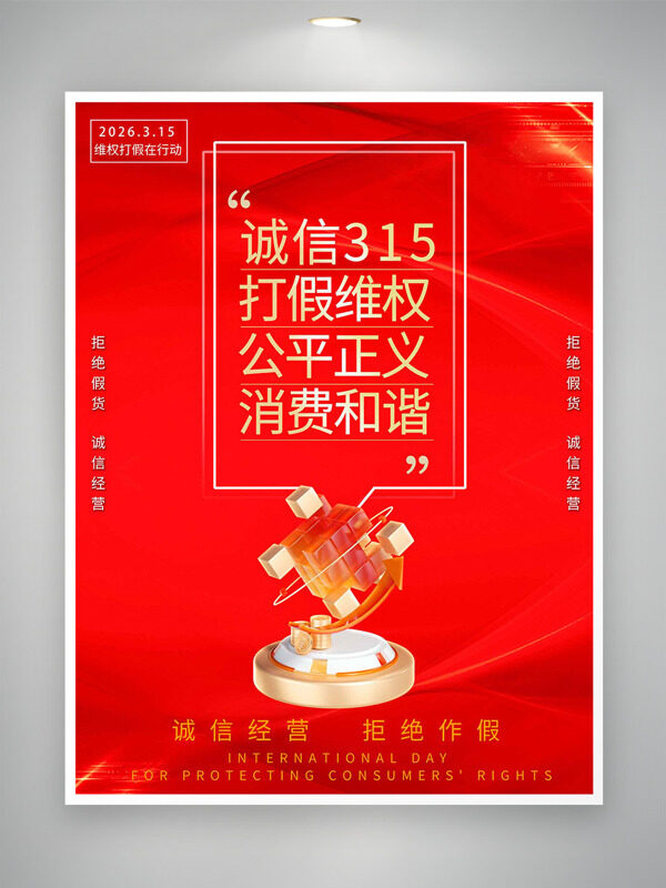 红色背景诚信315打假消费者权益日海报