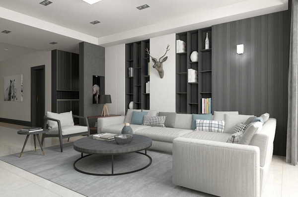现代简约中式客厅3D模型明亮简约沙发