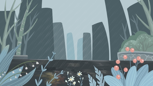 雨季城市风景插画背景