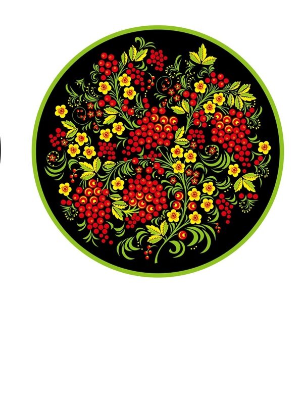  传统 欧式俄式 圆形花卉图案背景贴图 黑底红果串绿叶