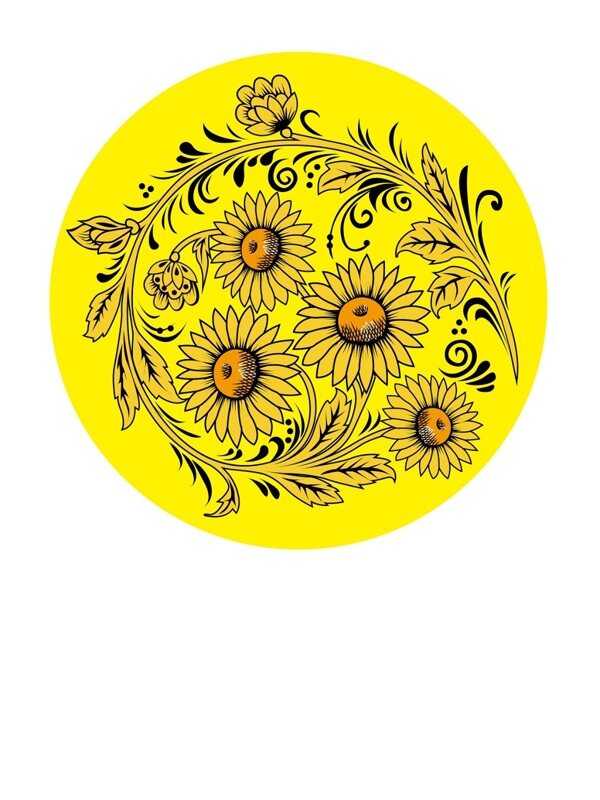  传统 欧式俄式 圆形花卉图案背景贴图黄底向日葵四花