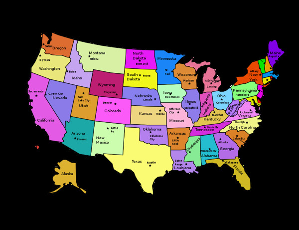美国地图与资本和国家的名字