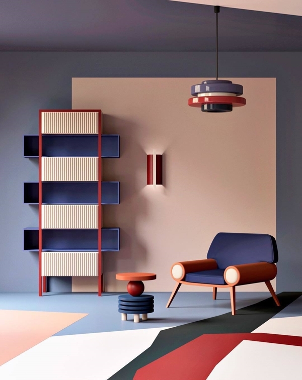 有设计感的室内装修  撞色的书架沙发空间