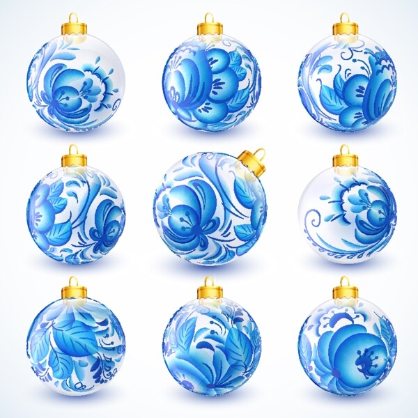 9款蓝色花纹圣诞吊球矢量素材