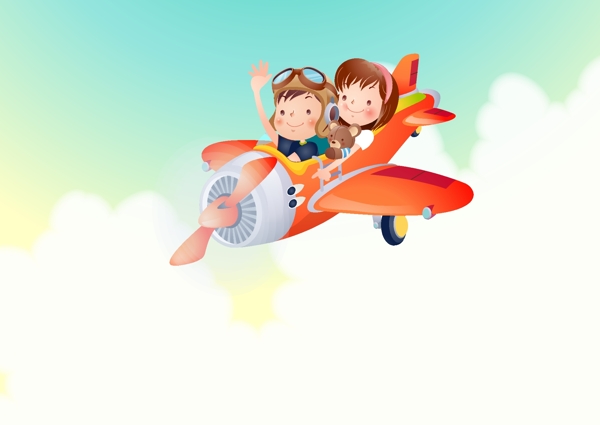 韩国卡通儿童人物飞机云端矢量图图片