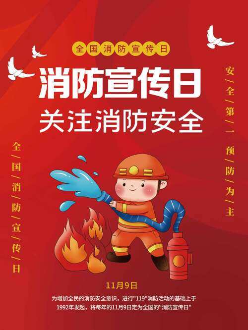 卡通灭火场景全国消防宣传日海报