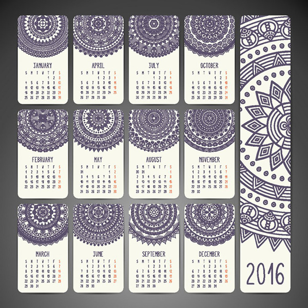 紫色花盘花纹2016日历背景矢量素材